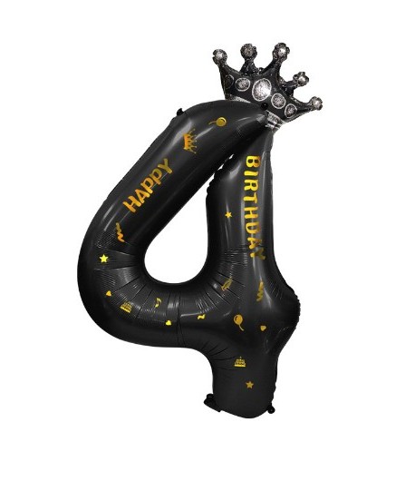 Balon din Folie Metalizata Figurina Cifra si Coroana, Scris Happy Birthday, Tema Aniversare 100 cm, Negru, Cifra 4