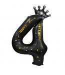 Balon din Folie Metalizata Figurina Cifra si Coroana, Scris Happy Birthday, Tema Aniversare 100 cm, Negru, Cifra 4