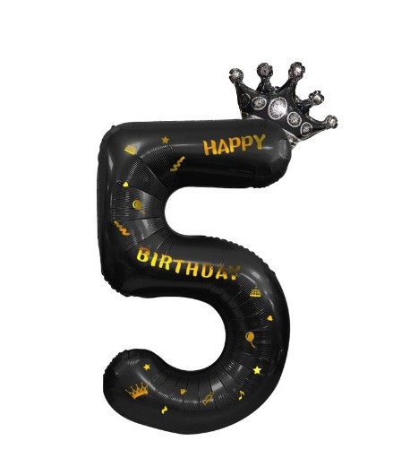 Balon din Folie Metalizata Figurina Cifra si Coroana, Scris Happy Birthday, Tema Aniversare 100 cm, Negru, Cifra 5
