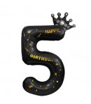 Balon din Folie Metalizata Figurina Cifra si Coroana, Scris Happy Birthday, Tema Aniversare 100 cm, Negru, Cifra 5