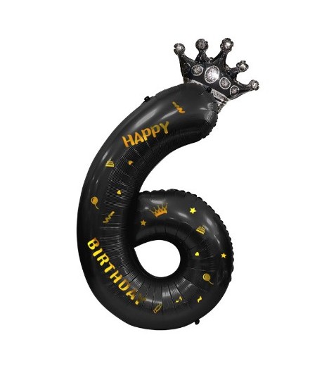 Balon din Folie Metalizata Figurina Cifra si Coroana, Scris Happy Birthday, Tema Aniversare 100 cm, Negru, Cifra 6