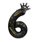 Balon din Folie Metalizata Figurina Cifra si Coroana, Scris Happy Birthday, Tema Aniversare 100 cm, Negru, Cifra 6