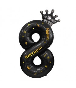 Balon din Folie Metalizata Figurina Cifra si Coroana, Scris Happy Birthday, Tema Aniversare 100 cm, Negru, Cifra 8