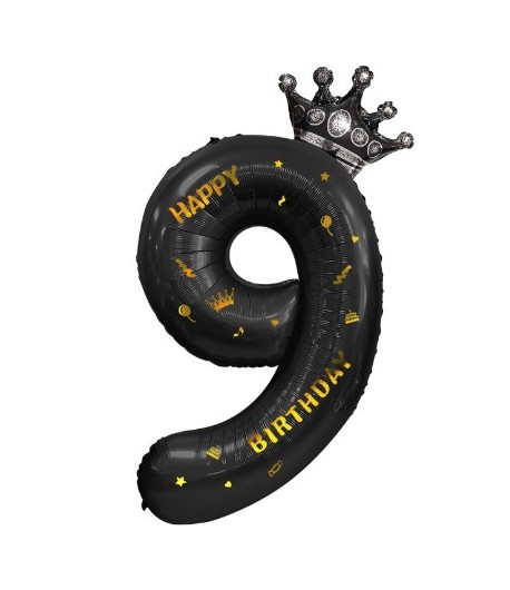 Balon din Folie Metalizata Figurina Cifra si Coroana, Scris Happy Birthday, Tema Aniversare 100 cm, Negru, Cifra 9